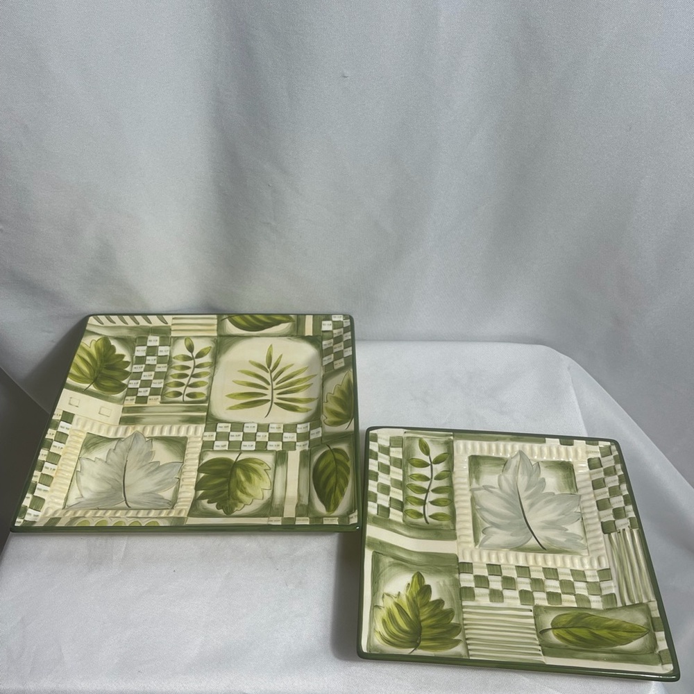 Tabletops Gallery Kingswood Hand Painted Square Plates Set 2 Green